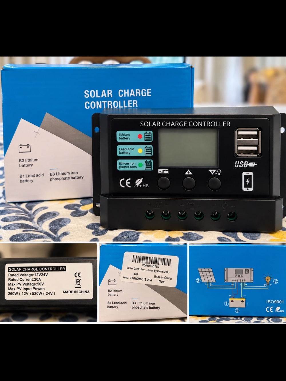 20A Solar Charge Controller 12V/24V PWM LCD Dual USB Lithium LiFePO4